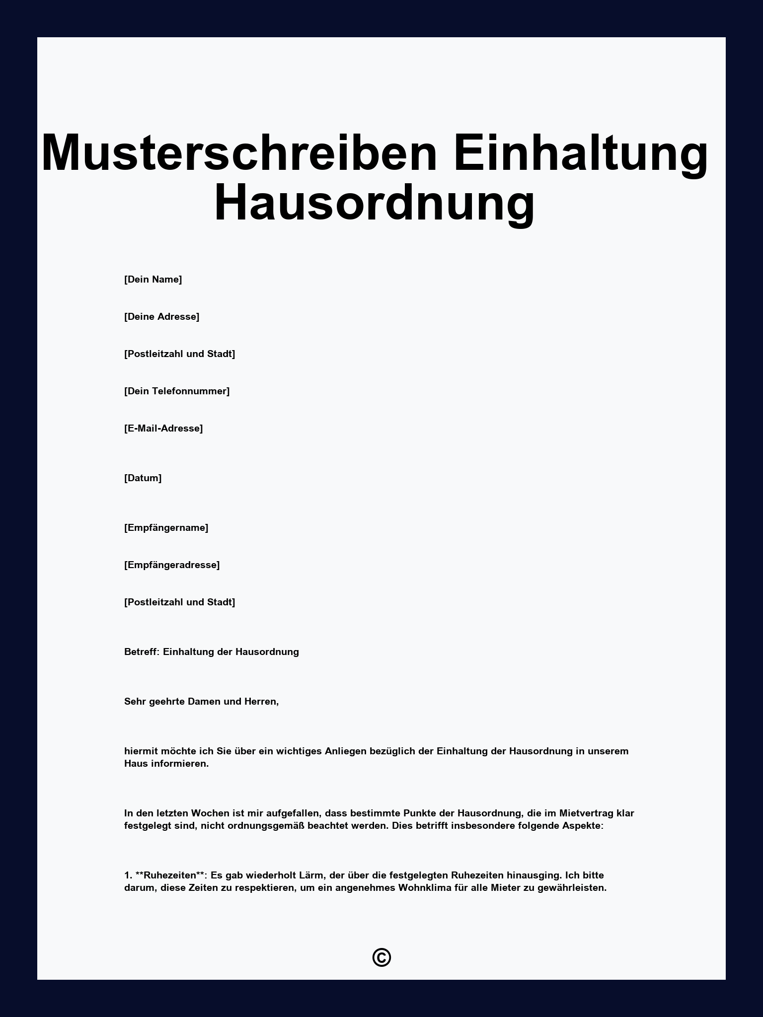 Musterschreiben Einhaltung Hausordnung